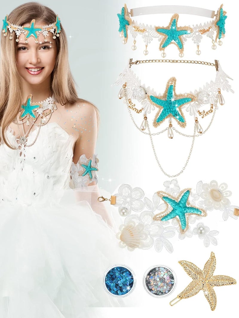 Dingion Halloween Costume Accessories  Mermaid Hair Accessories Set With Starfish Shell Headband Necklace Arm Bracelet and Hair Clip