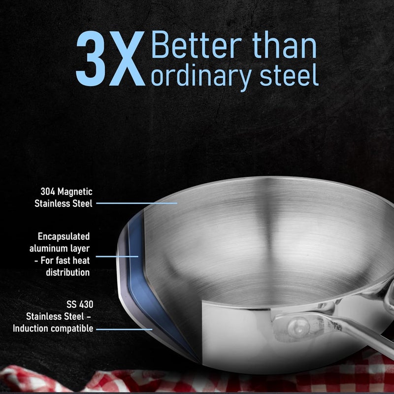 AGARO Stainless Steel Regency Triply Tadka Pan, 250 ml Capacity, 11 cm Diameter, 2.5 mm Thick Body, Induction & Gas Compatible, Riveted Handle, Silver - Image 3