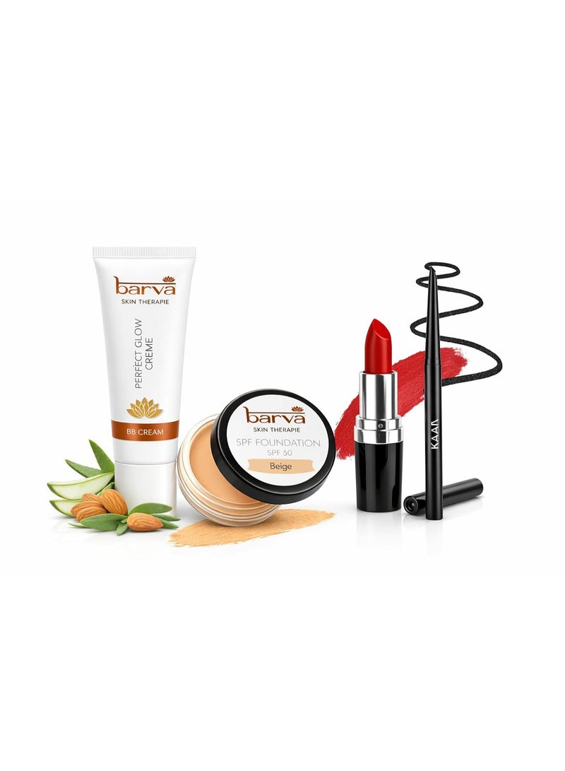 Barva Simple Makeover Kit – Ghee Enriched Makeup Combo | BB Cream 10ml, Kajal, Beige Foundation 9g & Lipstick (Elegant Red 612)4.3g | Complete Makeup Kit for Women | Daily & Travel Use - Image 1