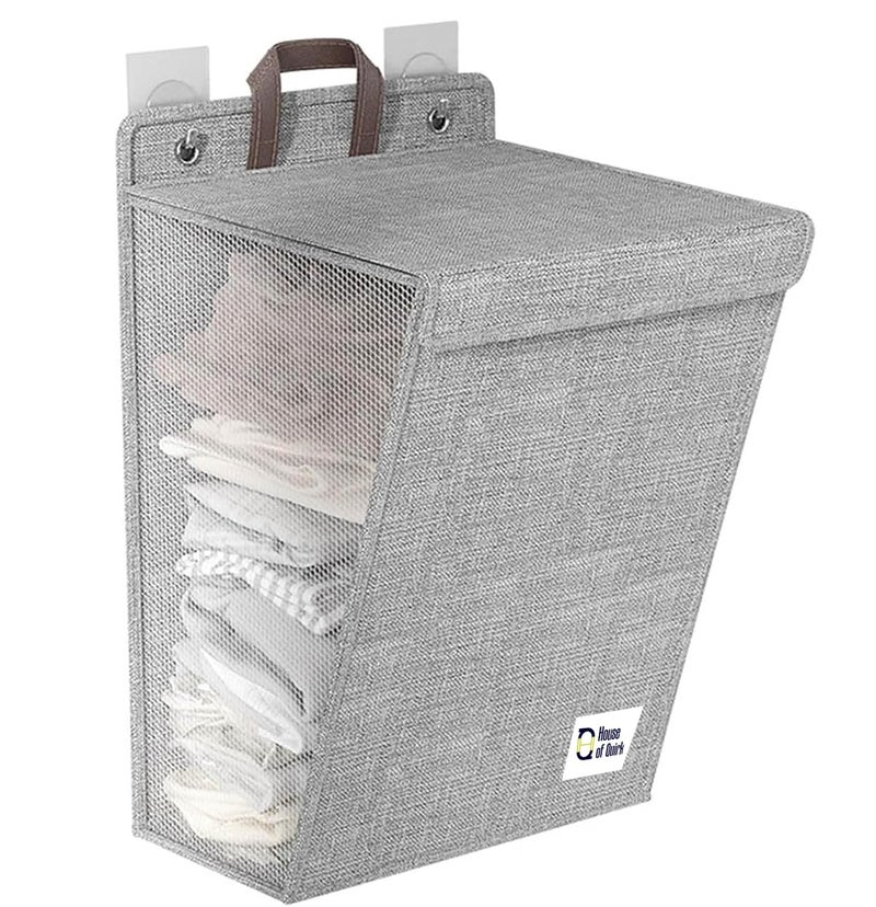 House of Quirk Wall Mounted Laundry Basket, Foldable Clothes Hamper with Handles, Household Organizer Storage Bin for Bedroom Hamper (Grey, Large) - Image 1