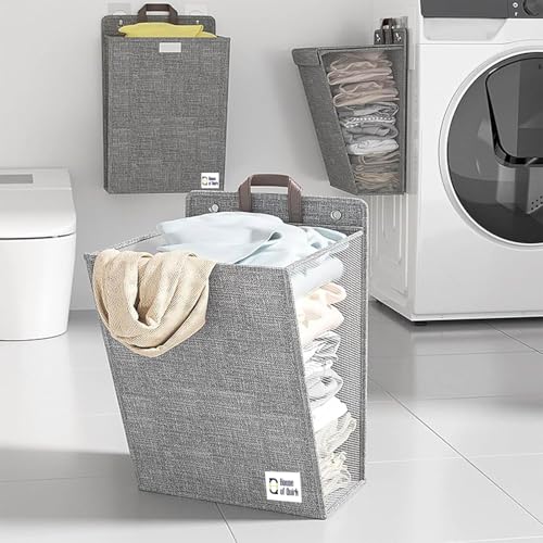 House of Quirk Wall Mounted Laundry Basket, Foldable Clothes Hamper with Handles, Household Organizer Storage Bin for Bedroom Hamper (Grey, Large) - Image 2