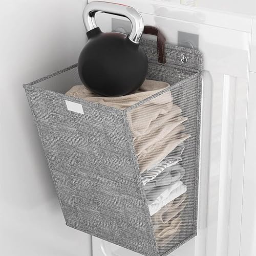 House of Quirk Wall Mounted Laundry Basket, Foldable Clothes Hamper with Handles, Household Organizer Storage Bin for Bedroom Hamper (Grey, Large) - Image 3
