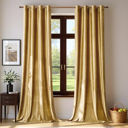 Bulbul Velvet Gold Curtains 84 inch Length- Living Room Blackout Thermal Window Drapes Darkening Decor Grommet Curtains for Bedroom Set of 2 Panels - Image 1