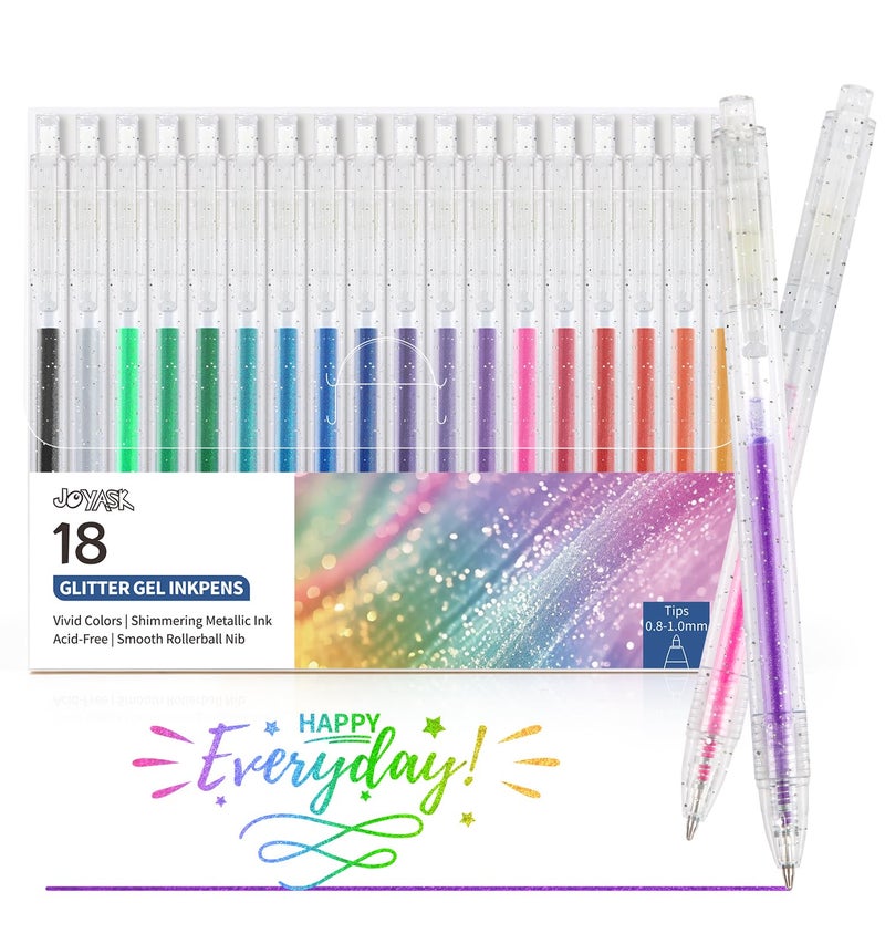 Joyask Glitter Gel Pens 18 Colors Metallic Vibrant Sparkle Pen for Coloring Journaling Drawing Doodling Colored Pen Colored Gel Pens Fun Pens 081mm