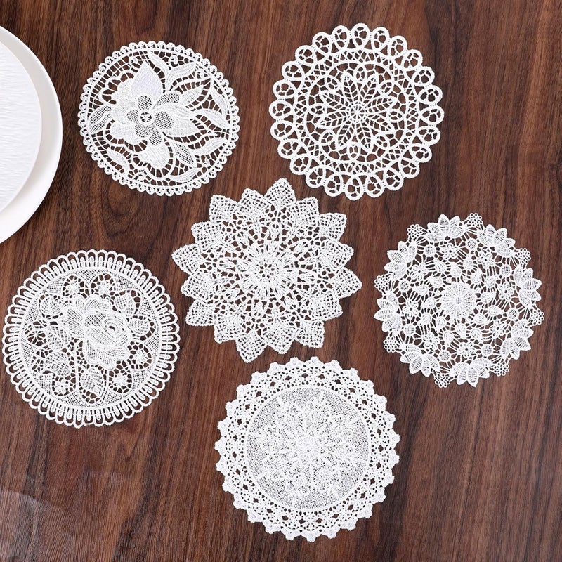 Azonee 6 PCS Vintage White Cotton Lace Doilies, Round Crochet Placemats, Handmade Coasters for Furniture, Kitchen, Dining Room, Dessert Trays, Wedding and Party Decoration - Image 1