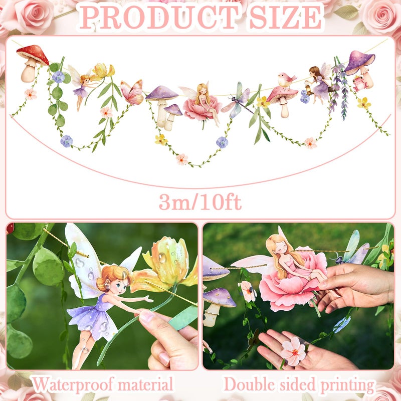 Easy Joy Fairy Mushroom Banner Wildflower Party Decorations Paper Flower Leaves Banner Fairy Garland for Wall Decoration Spring Baby Shower Wedding Backdrop Decorations - Image 2