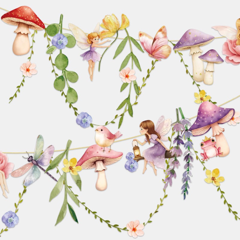 Easy Joy Fairy Mushroom Banner Wildflower Party Decorations Paper Flower Leaves Banner Fairy Garland for Wall Decoration Spring Baby Shower Wedding Backdrop Decorations - Image 1