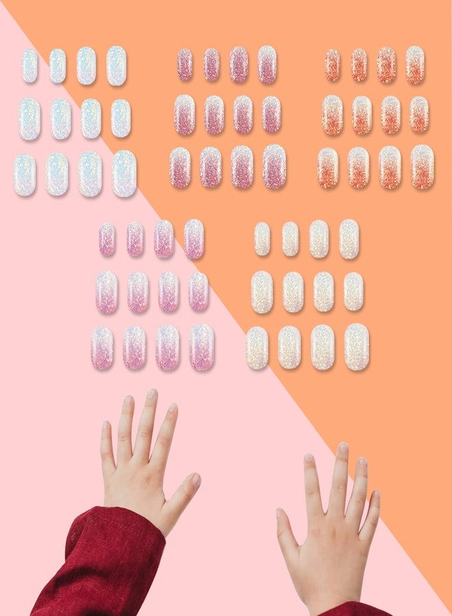 SIUSIO 120Pcs 5 Pack Press on Nails kids Children Acrylic Fake Nails Cute Pre-glue Full Cover Gradient Color Rainbow Short Stick On False Nail Art Kits Set for Kids Little Girls - Colorful Glitter - Image 4