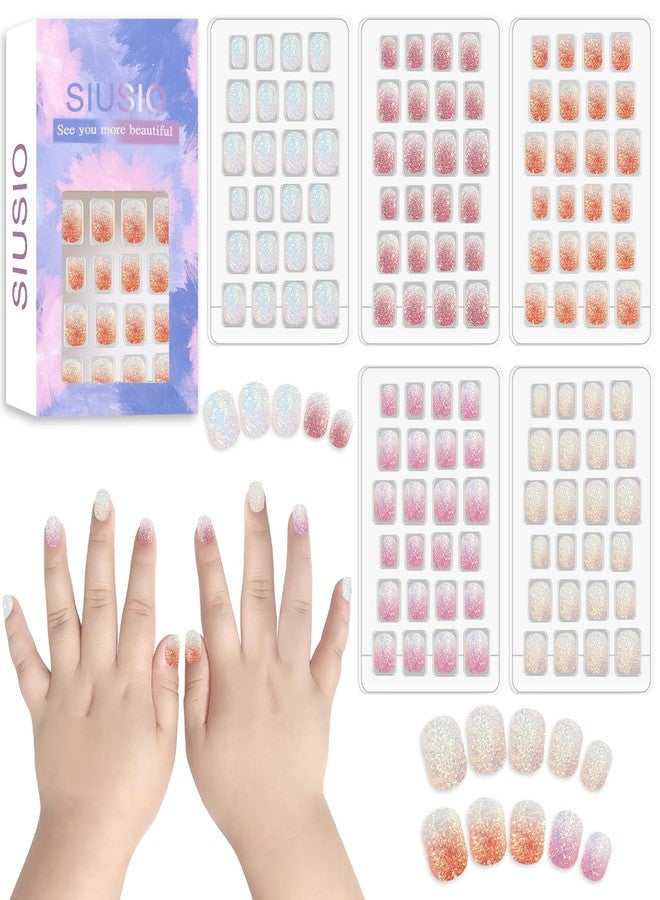 SIUSIO 120Pcs 5 Pack Press on Nails kids Children Acrylic Fake Nails Cute Pre-glue Full Cover Gradient Color Rainbow Short Stick On False Nail Art Kits Set for Kids Little Girls - Colorful Glitter - Image 1