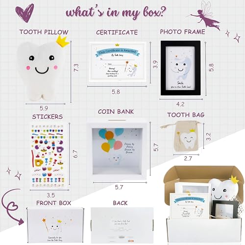 K'ONIJO Tooth Fairy Gift Set for First Lost Tooth – Pillow, Coin Bank, Certificate, Tooth Holder, Keepsake Box, Stickers & Photo Frame – Cute Tooth Fairy Kit for Boys & Girls - Image 3