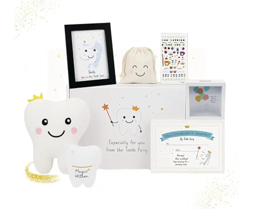 K'ONIJO Tooth Fairy Gift Set for First Lost Tooth – Pillow, Coin Bank, Certificate, Tooth Holder, Keepsake Box, Stickers & Photo Frame – Cute Tooth Fairy Kit for Boys & Girls - Image 1
