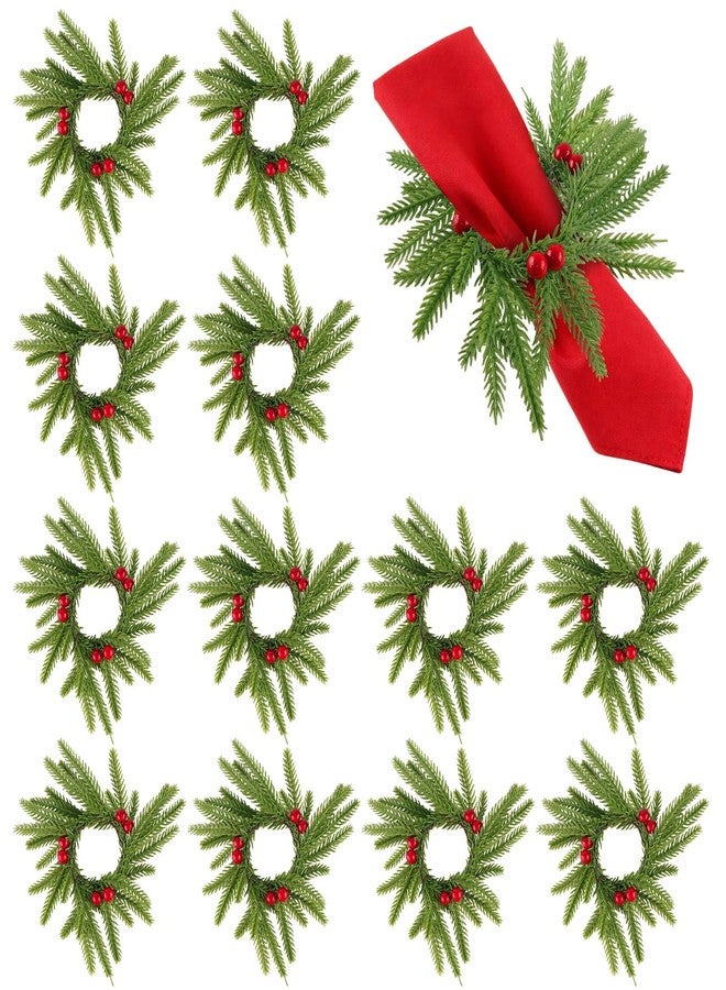 YBB 12 PCS Christmas Norfolk Napkin Rings with Red Berry, Soft Pine Needle Napkin Holders Mini Wreath for Christmas New Year Dinner Party Table Decoration Family Gathering Banquet Serviette Buckles - Image 1