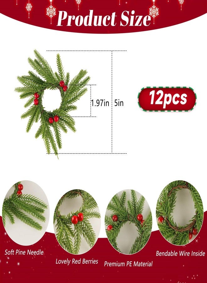 YBB 12 PCS Christmas Norfolk Napkin Rings with Red Berry, Soft Pine Needle Napkin Holders Mini Wreath for Christmas New Year Dinner Party Table Decoration Family Gathering Banquet Serviette Buckles - Image 2