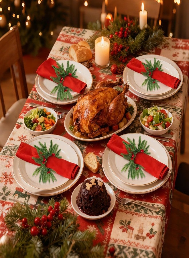 YBB 12 PCS Christmas Norfolk Napkin Rings with Red Berry, Soft Pine Needle Napkin Holders Mini Wreath for Christmas New Year Dinner Party Table Decoration Family Gathering Banquet Serviette Buckles - Image 3