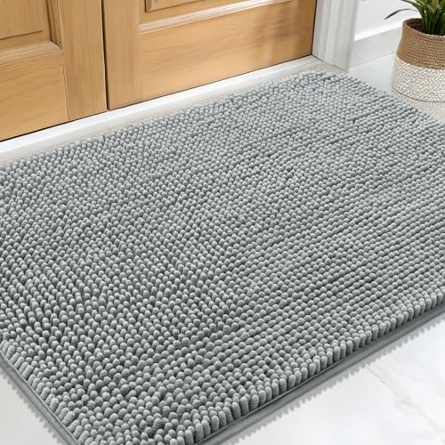 OLANLY Dog Door Mat for Muddy Paws 24x16, Absorbs Moisture and Dirt, Absorbent Non-Slip Washable Doormat, Quick Dry Chenille Mud Mat for Dogs, Entry Indoor Entryway Carpet for Inside Floor, Grey - Image 1