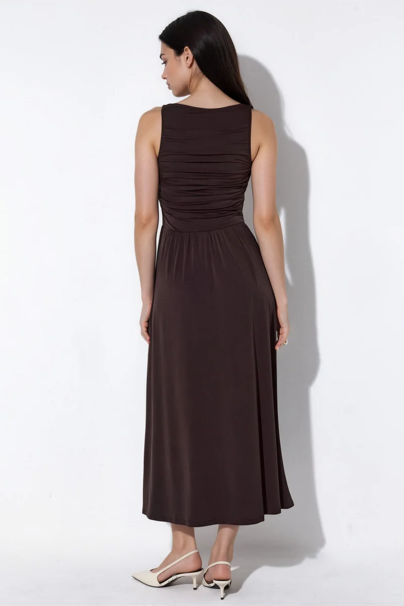 Hiccup Chestnut Brown Maxi A-Line Dress with Boat Neck for Women | Best Price UAE