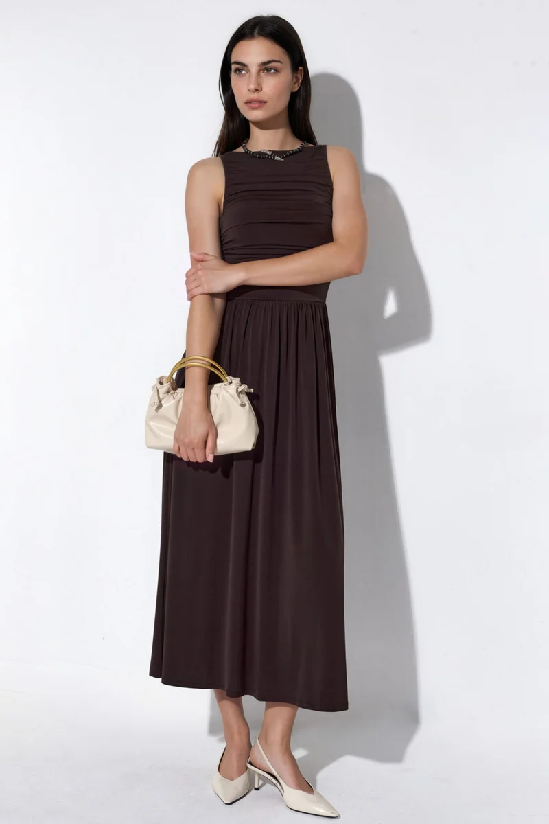 Hiccup Chestnut Brown Maxi A-Line Dress with Boat Neck for Women | Best Price UAE