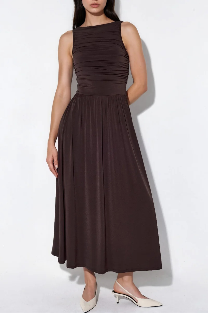 Hiccup Chestnut Brown Maxi A-Line Dress with Boat Neck for Women | Best Price UAE