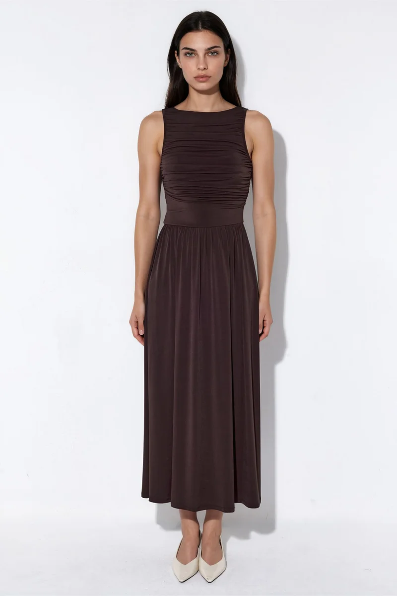 Hiccup Chestnut Brown Maxi A-Line Dress with Boat Neck for Women | Best Price UAE