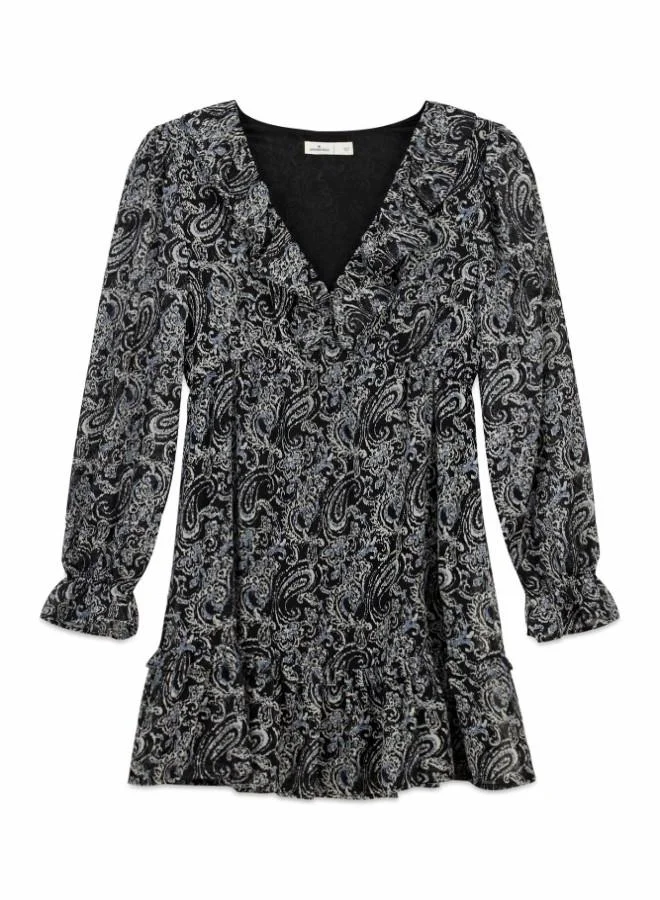 Springfield  Printed long sleeve short dress. V-neck with ruffle. Cut below the bust. Skirt with double flounce. Ruffle detail on cuffs. for Women | Best Price UAE