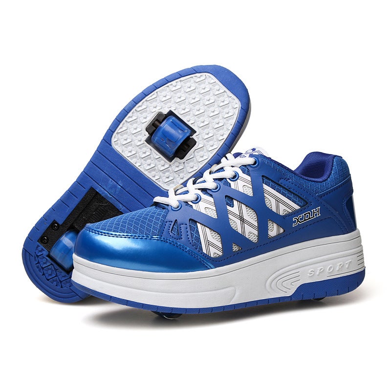 Generic Single and Double Wheels Teen Heelby Shoes for Boys and Students Automatic Female Childrens Pulley Bursting Shoes with Wheels Sneakers Blue 