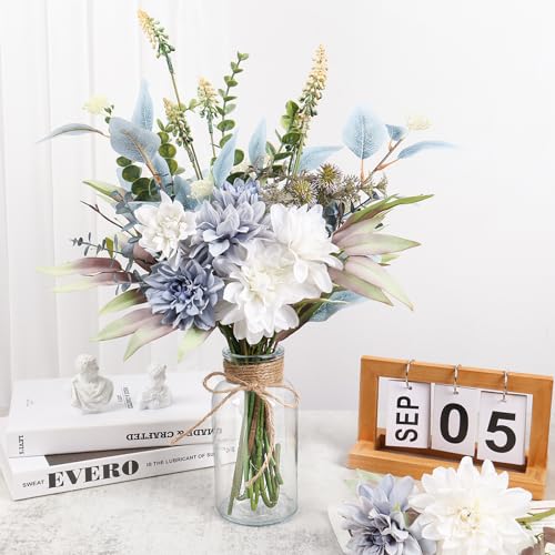 Pusuny Fake Artificial Flowers Bouquet for Decoration, Silk Floral Arrangements Faux Flowers Plant Wedding Bride Bouquets Tables Centerpieces for Rustic Home Decor Indoor Vase Floral Table Decor (Blue White) - Image 2