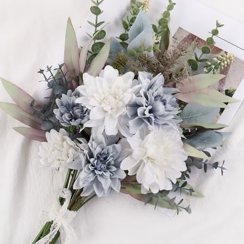 Pusuny Fake Artificial Flowers Bouquet for Decoration, Silk Floral Arrangements Faux Flowers Plant Wedding Bride Bouquets Tables Centerpieces for Rustic Home Decor Indoor Vase Floral Table Decor (Blue White) - Image 5