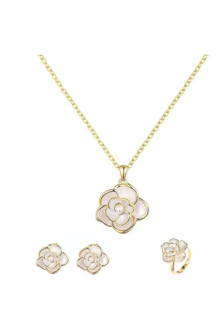 Innoshine طقم مجوهرات أنيق من لؤلؤ وزهرة الكاميليا مع قلادة وأقراط وخاتم للنساء الأنيقات - سلسلة قصيرة للشتاء، طقم مجوهرات رقيق للنساء مع قلادة لؤلؤ، وأقراط لؤلؤ أنيقة - Image 1