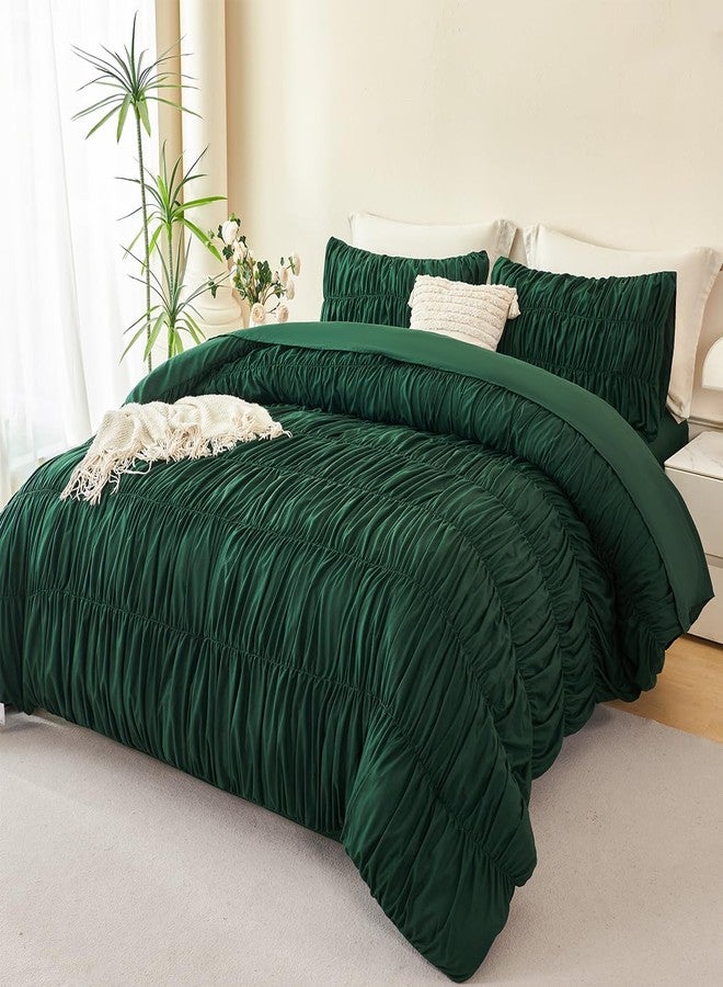 PERFEMET Full Size Comforter Set Emerald Green 5 Pieces Solid Fluffy Ruched Bedding with Sheet Set Luxury Soft Pleated Texture Bed in a Bag All Season Boho Farmhouse Ruffle Bed Sets, 79"x90" - Image 1