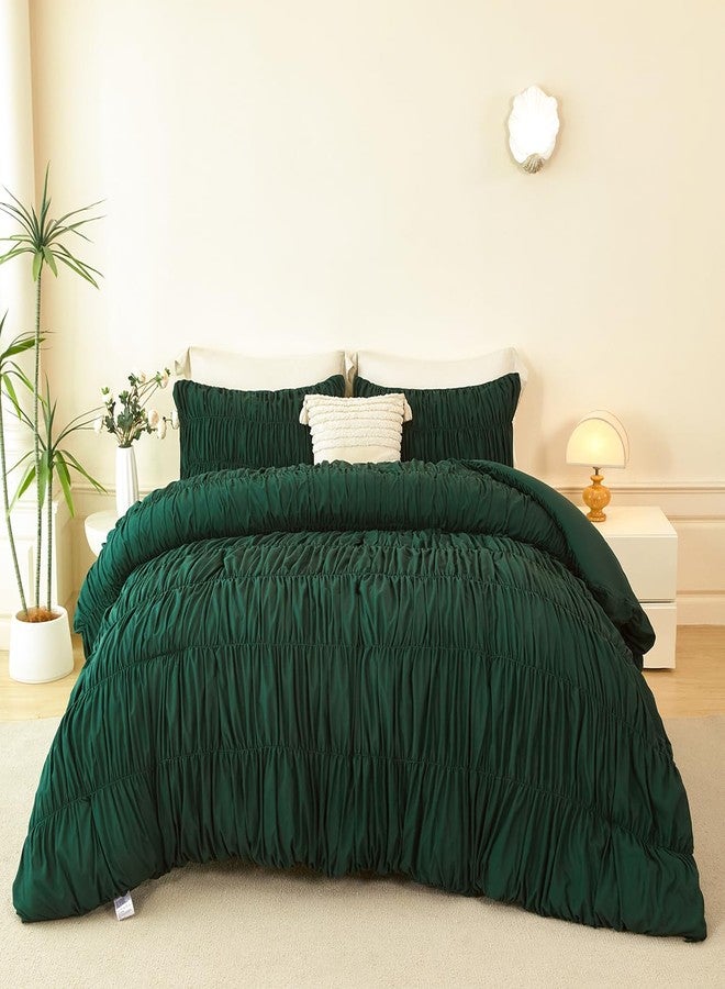PERFEMET Full Size Comforter Set Emerald Green 5 Pieces Solid Fluffy Ruched Bedding with Sheet Set Luxury Soft Pleated Texture Bed in a Bag All Season Boho Farmhouse Ruffle Bed Sets, 79"x90" - Image 2