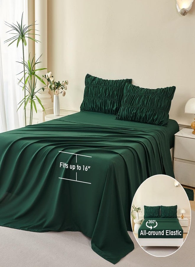 PERFEMET Full Size Comforter Set Emerald Green 5 Pieces Solid Fluffy Ruched Bedding with Sheet Set Luxury Soft Pleated Texture Bed in a Bag All Season Boho Farmhouse Ruffle Bed Sets, 79"x90" - Image 5