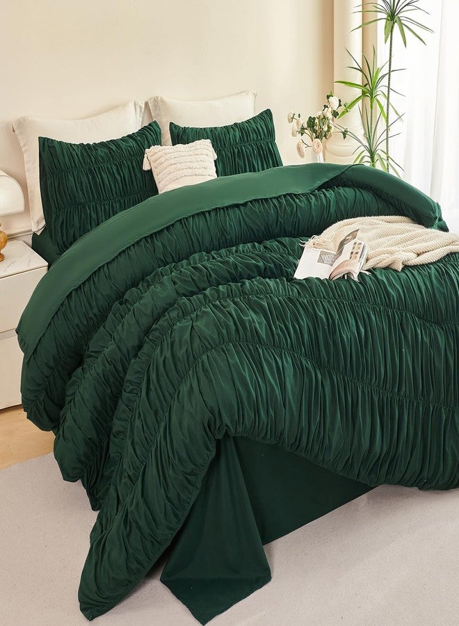 PERFEMET Full Size Comforter Set Emerald Green 5 Pieces Solid Fluffy Ruched Bedding with Sheet Set Luxury Soft Pleated Texture Bed in a Bag All Season Boho Farmhouse Ruffle Bed Sets, 79"x90" - Image 3