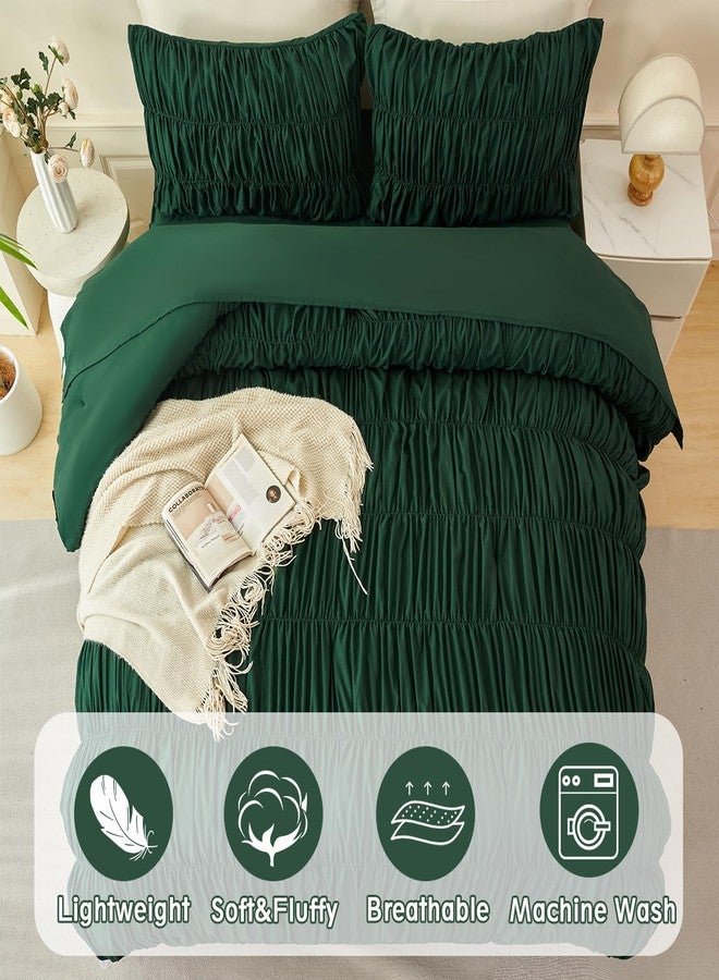 PERFEMET Full Size Comforter Set Emerald Green 5 Pieces Solid Fluffy Ruched Bedding with Sheet Set Luxury Soft Pleated Texture Bed in a Bag All Season Boho Farmhouse Ruffle Bed Sets, 79"x90" - Image 4