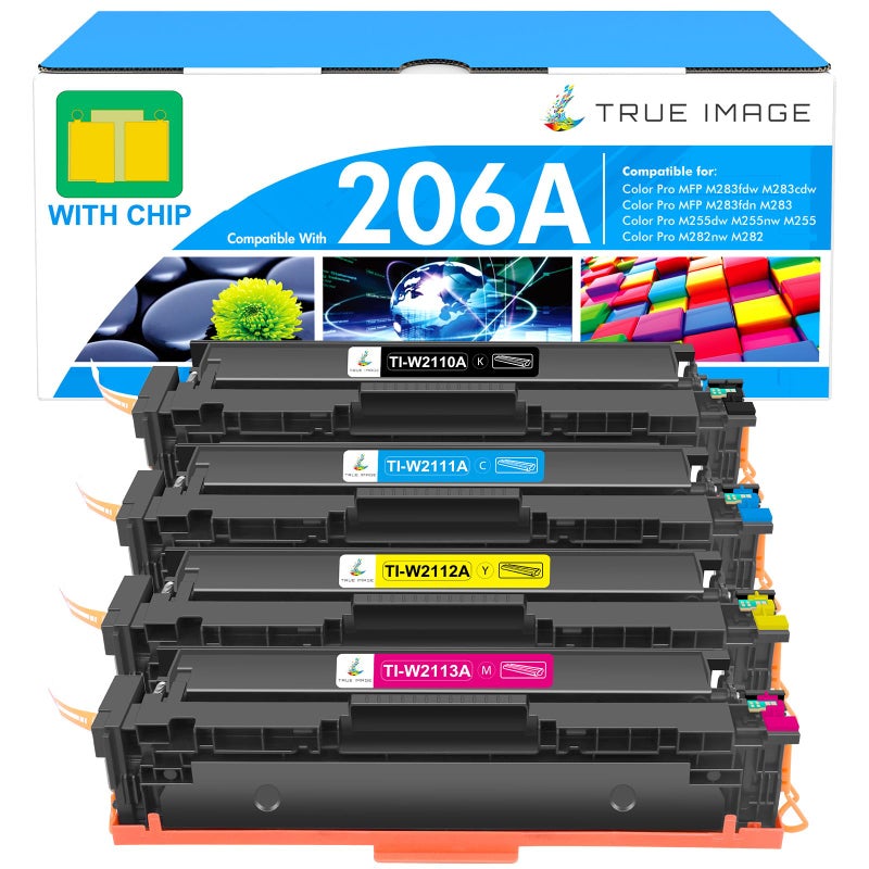TRUE IMAGE 206A Toner Cartridges 4 Pack: M283fdw M283cdw M255dw 206X Set Compatible for HP 206 206A Color LaserJet Pro MFP M283fdw M283fdn M282nw M283 W2110A Printer High Yield Ink (Black Cyan Yellow Magenta) - Image 1