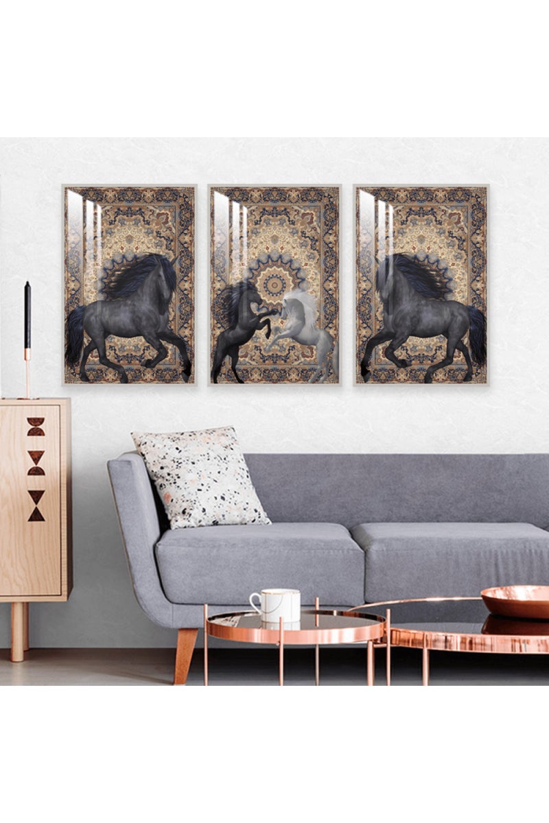 Marktna Three wooden wall painting with a horse design, with a frame and a clear acrylic layer. - Image 1