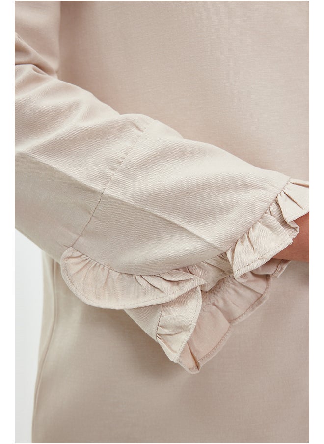 trendyol - Beige Ruffle Denim Look Woven Cotton Shirt TCTSS23TG00042 - Image 1
