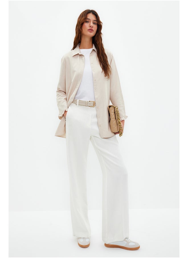 trendyol - Beige Ruffle Denim Look Woven Cotton Shirt TCTSS23TG00042 - Image 1
