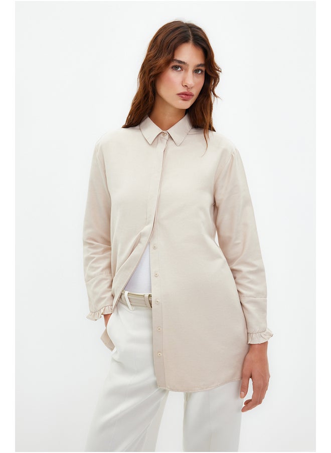 trendyol - Beige Ruffle Denim Look Woven Cotton Shirt TCTSS23TG00042 - Image 1