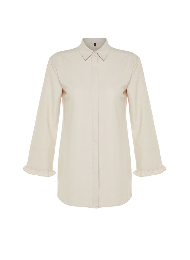 trendyol - Beige Ruffle Denim Look Woven Cotton Shirt TCTSS23TG00042 - Image 1
