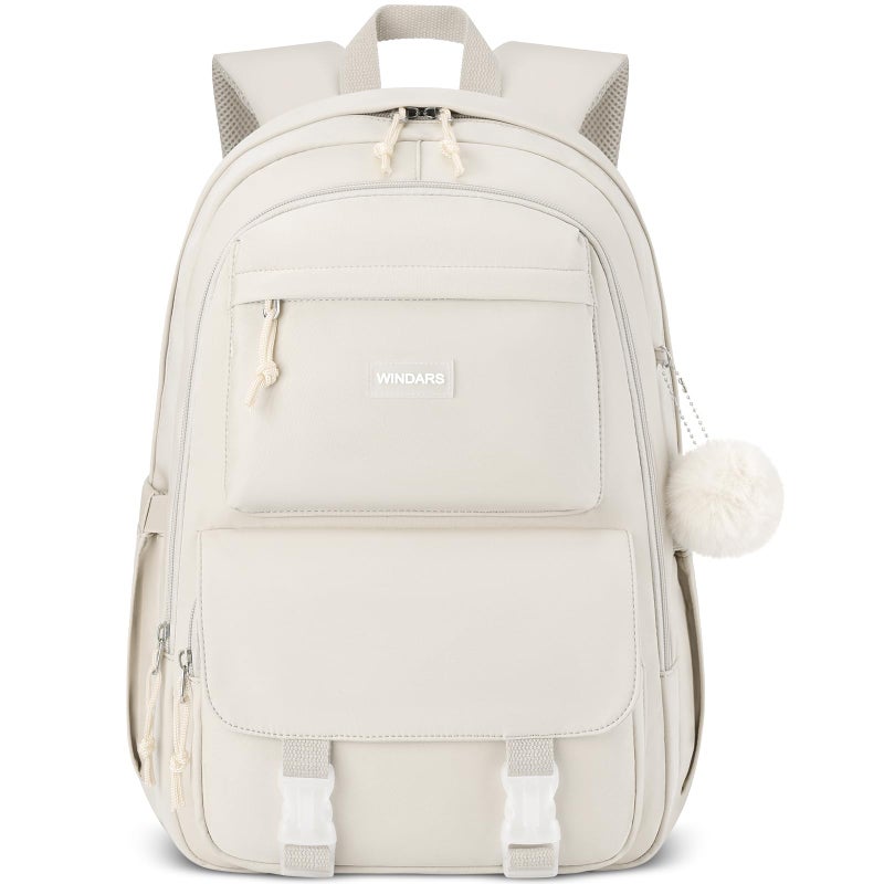WINDARS Backpacks for Girls, 15.6 Inch School Bag Cute Waterproof Laptop Bookbag Large College Backpack for Teen Women Students Anti Theft Travel Daypack, Beige - Image 1