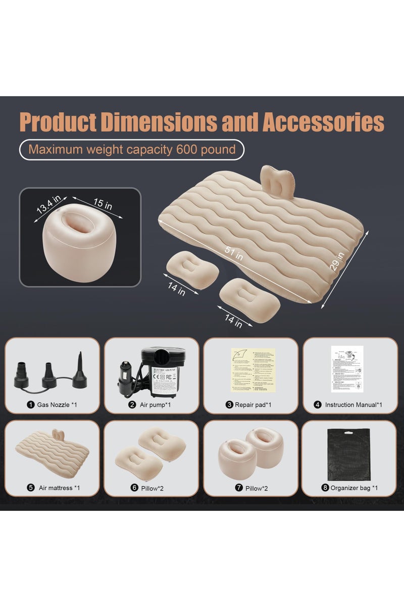 Flushrenic Inflatable Air Mattress Car Bed - PVC Thickened Travel Camping Air Mattress, Suitable for Small Cars, Beige Sleeping Car Mattress - Universal, with Pillow, Bridge, Repair Pad - Image 2