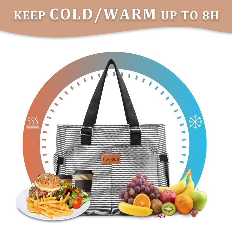 HSHRICH Large Women Lunch Bags/Insulated Adult Lunch Box/Leakproof Cooler Lunch Tote Bag with Storage Pocket. Reusable Lunch Purse for Work Picnic Hiking 12L, Stripe - Image 4
