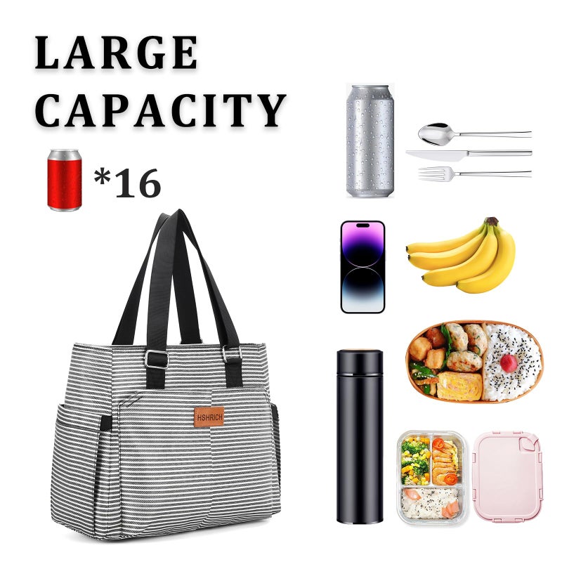 HSHRICH Large Women Lunch Bags/Insulated Adult Lunch Box/Leakproof Cooler Lunch Tote Bag with Storage Pocket. Reusable Lunch Purse for Work Picnic Hiking 12L, Stripe - Image 3