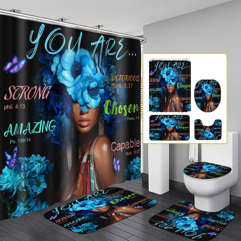 Omebero Black African Flower Woman Shower Curtain Set, Blue Art Words Bathroom Set with Shower Curtain and Rugs, Toilet Lid Cover, Bath Mat,Waterproof Fabric Shower Curtains and Hooks for Bathroom - Image 1