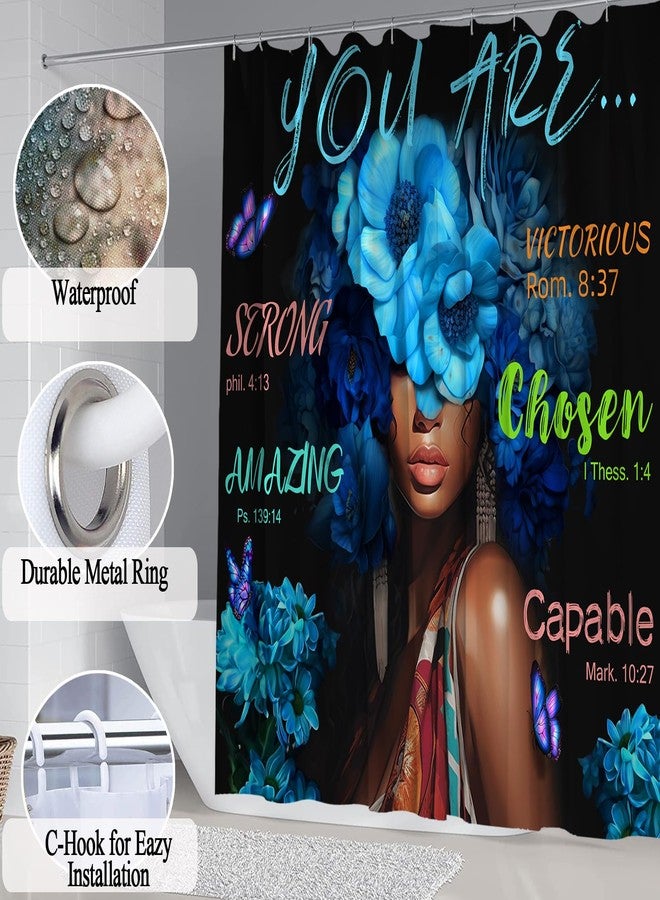 Omebero Black African Flower Woman Shower Curtain Set, Blue Art Words Bathroom Set with Shower Curtain and Rugs, Toilet Lid Cover, Bath Mat,Waterproof Fabric Shower Curtains and Hooks for Bathroom - Image 5