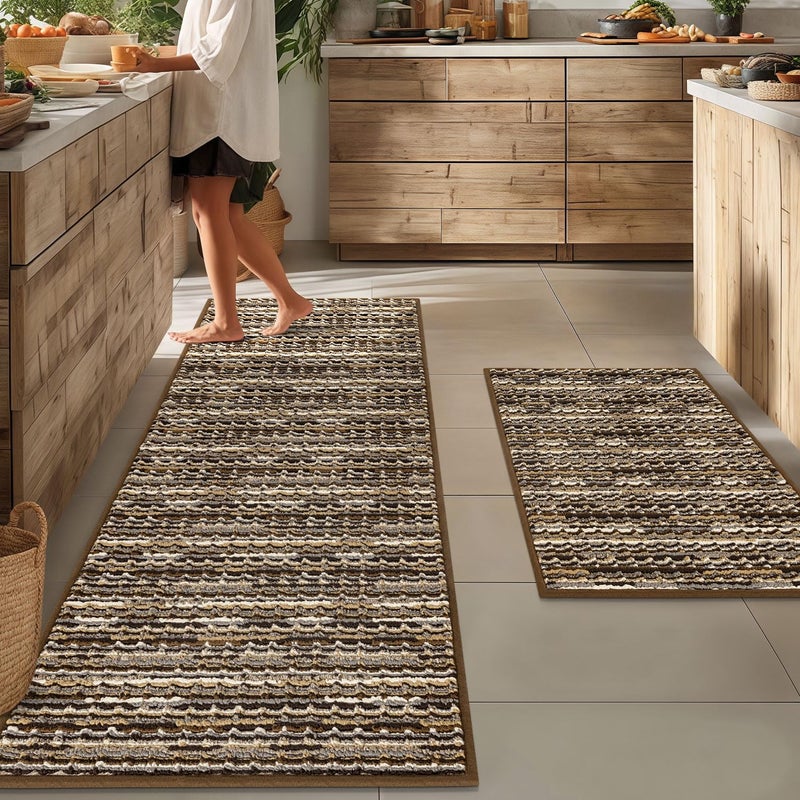 BSICPRO Kitchen Rugs Sets of 2-Non Slip Kitchen Mats for Floor-Thick Stain Resistant Vintage Kitchen Floor Mat Runner Carpet for Hallways Entryway Laundry Room Washableï¼ˆBrown 22"x59"+20"x32"ï¼‰ - Image 1