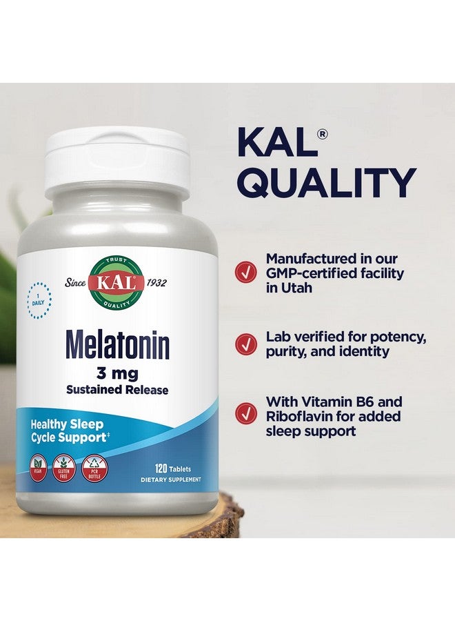 KAL Melatonin 3mg Sustained Release Sleep Aid, Melatonin Supplement Supports Healthy Relaxation, a Calm Feeling and a Proper Sleep Cycle, w/Added Vitamin B6, Vegan, Gluten Free, 120 Serv, 120 Tablets