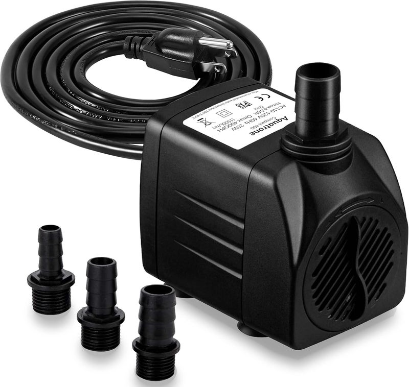 Aquatrone 400GPH Submersible Pump 25W - Ultra Quiet Fountain Water Pump, 1500L/hr, 6.56ft High Lift, 3 Nozzles - Submersible Water Pump for Aquarium, Fish Tank, Pond, Hydroponics, Statuary (Compact 400GPH) - Image 1
