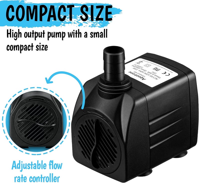 Aquatrone 400GPH Submersible Pump 25W - Ultra Quiet Fountain Water Pump, 1500L/hr, 6.56ft High Lift, 3 Nozzles - Submersible Water Pump for Aquarium, Fish Tank, Pond, Hydroponics, Statuary (Compact 400GPH) - Image 3