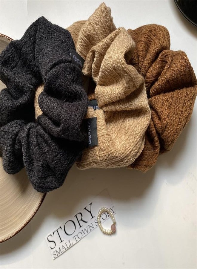 TUCEWP Scrunchies for Women's Hair 3Pcs Brown Camel Black Knit Scrunchies for Long Thick Curly Hair Ultra Textured Soft Hair Bands Neutral Scrunchie Cute Ponytail Holders No Damage Elastic Hair Ties - Image 5